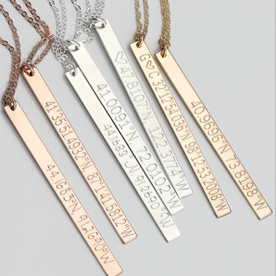 Engraved Coordinates Bar Necklace, Long Skinny Bar Necklace, Graduation Gift, Personalized Name Plate, Bridesmaid Necklace