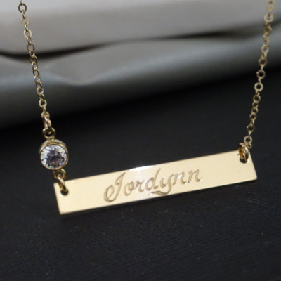 Engraved Name Plate Necklace, CZ Diamond necklace, Name Bar necklace, personalized wedding date necklace, monogram necklace