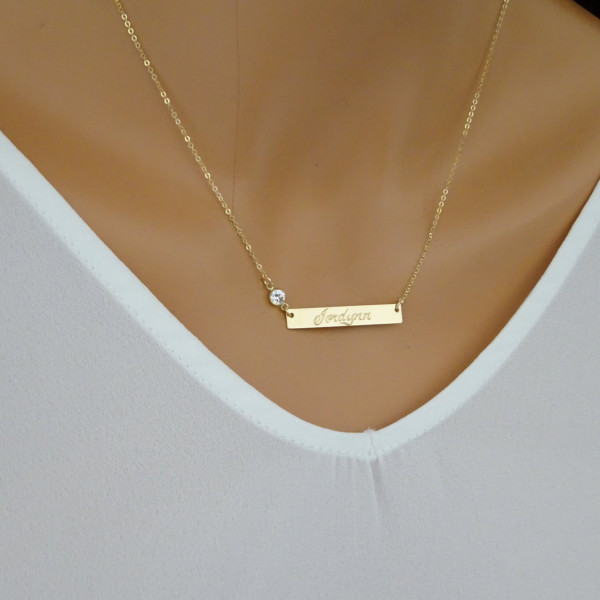 Engraved Name Plate Necklace, CZ Diamond necklace, Name Bar necklace, personalized wedding date necklace, monogram necklace