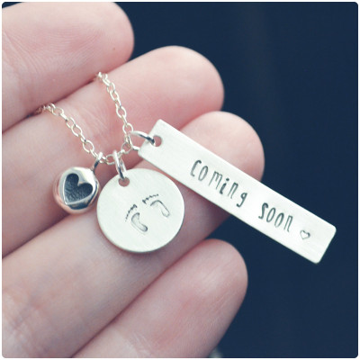 Expecting Mom Jewelry, Coming Soon Stamped Necklace, Personalized Gift for Women, Sterling Silver Baby on Board Necklace, Baby Shower Gift