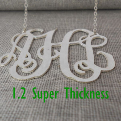 Extra Large Silver Monogram Necklace ,3 Initial 2" Mongogrammed Necklace,Celebrity Necklace,Customized Necklace,Script Monogram Necklace