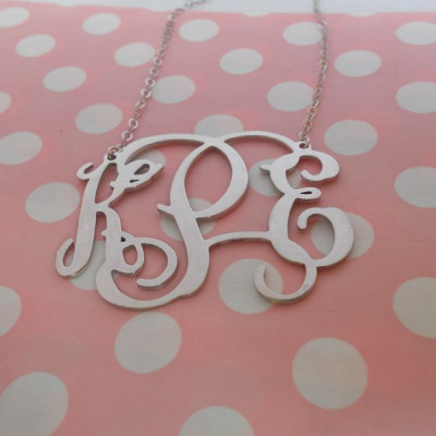 Extra Large Silver Monogram Necklace ,3 Initial 2" Mongogrammed Necklace,Celebrity Necklace,Customized Necklace,Script Monogram Necklace