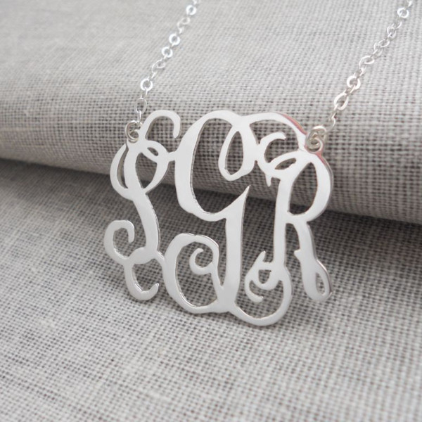 Extra Large Silver Monogram Necklace ,3 Initial 2" Mongogrammed Necklace,Celebrity Necklace,Customized Necklace,Script Monogram Necklace