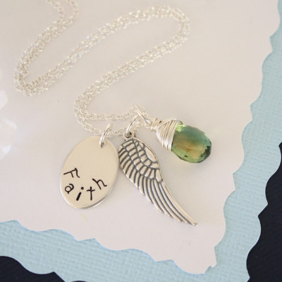 Faith Necklace Personalized, Angel Wing Necklace, Birthstone Necklace, Gemstone, Name Charm, Inspirational Necklace, Sterling Silver