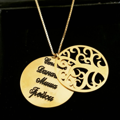 Family Name Necklace / Solid 18k Gold Name Necklace / Real Gold Tree Name Necklace/ Real Gold / Personal Message Necklace / Pure Gold