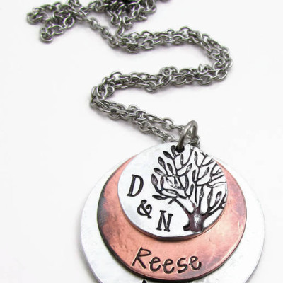 Family Tree Necklace - Personalized Necklace - Mom Necklace - Hand Stamped Jewelry - Mixed Metal Necklace - Personalized Tree Of Life