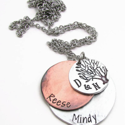 Family Tree Necklace - Personalized Necklace - Mom Necklace - Hand Stamped Jewelry - Mixed Metal Necklace - Personalized Tree Of Life