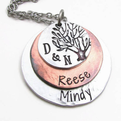Family Tree Necklace - Personalized Necklace - Mom Necklace - Hand Stamped Jewelry - Mixed Metal Necklace - Personalized Tree Of Life