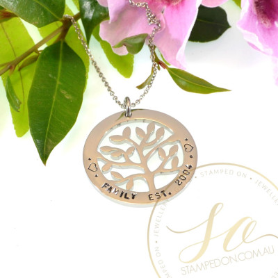 Family Tree Personalised Hand Stamped Pendant - Sterling Silver Silver, Gold, Rose Gold