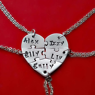 Five Heart puzzle piece necklace, 5 piece puzzle set, 5 Best Friends puzzle necklace set, Hand Stamped Names Necklace, Bridesmaid Jewelry