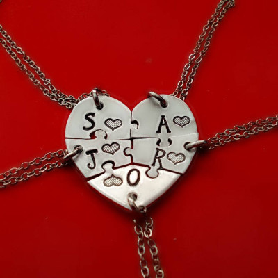 Five Heart puzzle piece necklace, 5 piece puzzle set, 5 Best Friends puzzle necklace set, Hand Stamped Names Necklace, Bridesmaid Jewelry