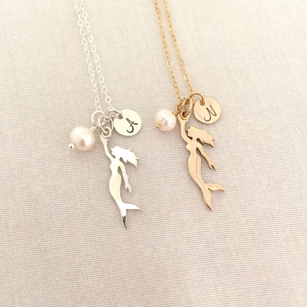 Freshwater Pearl Gold Mermaid Necklace, Sterling Silver Mermaid, Freshwater Pearl, Initial Necklace, Whimsical Jewelry, Little Girl Gift