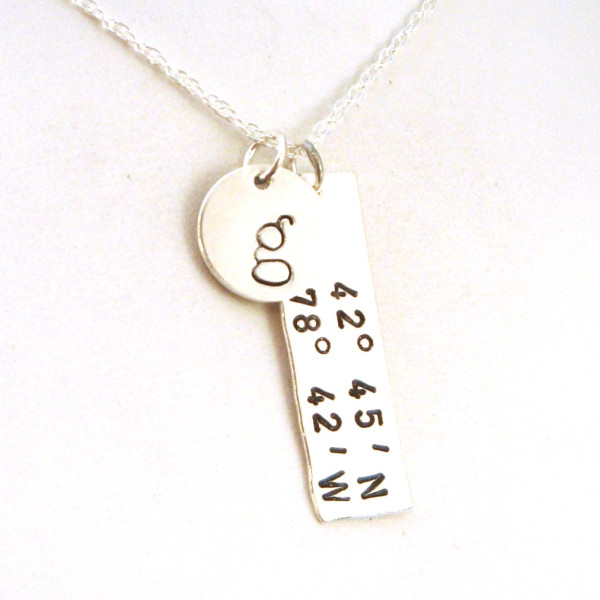GPS Longitude Latitude Necklace with Initial | Going Away Gift | GPS Sterling Silver Necklace