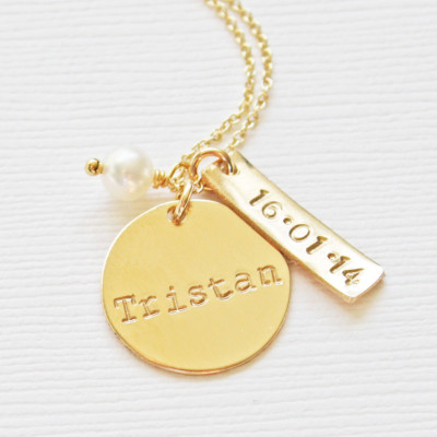 Gold Baby Name Necklace with Pearl and Birthdate Custom Personalized Mom Mommy Mother Keepsake Necklace Personalized