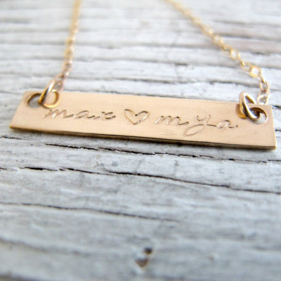 Gold Bar Name Necklace, Mother's Gold Necklace, Personalized Rectangle Necklace, Hand Stamped Gold Jewelry