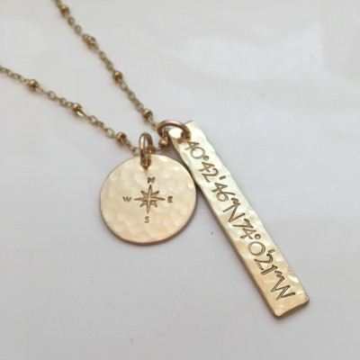 Gold Bar Necklace, Custom Coordinates Necklace, Gold Bridesmaid Necklace, Personalized Jewelry, Custom Location, Compass Rose Necklace