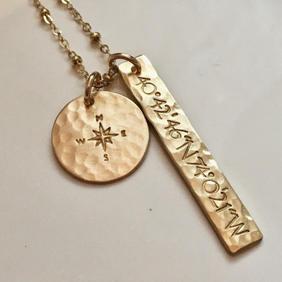 Gold Bar Necklace, Custom Coordinates Necklace, Gold Bridesmaid Necklace, Personalized Jewelry, Custom Location, Compass Rose Necklace