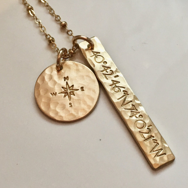 Gold Bar Necklace, Custom Coordinates Necklace, Gold Bridesmaid Necklace, Personalized Jewelry, Custom Location, Compass Rose Necklace