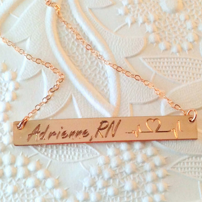 Gold Bar Necklace Name Bar Necklace Initial Engraved Bar Necklace Heart charm Sterling Silver Bar Gold Plated Rose Gold, Dainty Bar Necklace