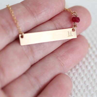 Gold Birthstone Bar Necklace Initial, Personalized Birthstone Initial Necklace, Horizontal, Gold Plated