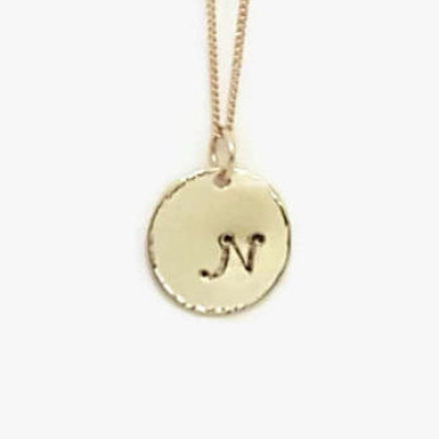 Gold Charmed Chain Necklace, 18k Gold Disc Charm, Initial Stamped Disc Pendant, Gold Tag, Handmade Disk Charm, Personalized Disk Charm