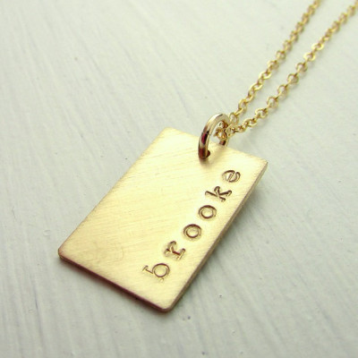 Gold Dog Tag Necklace - Personalized Name Charm - Hand Stamped - Custom - E. Ria Designs