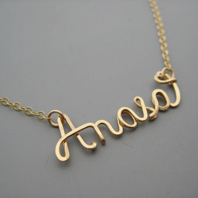 Gold Filled Name Necklace with a Tiny Heart - personalized cursive wire word with delicate chain, new mom jewelry