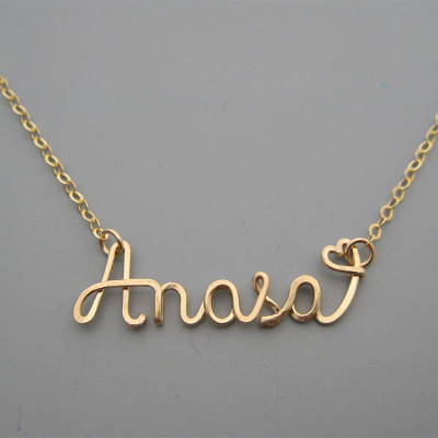 Gold Filled Name Necklace with a Tiny Heart - personalized cursive wire word with delicate chain, new mom jewelry