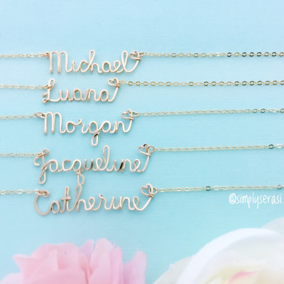 Gold Filled Name Necklace with a Tiny Heart - personalized cursive wire word with delicate chain, new mom jewelry