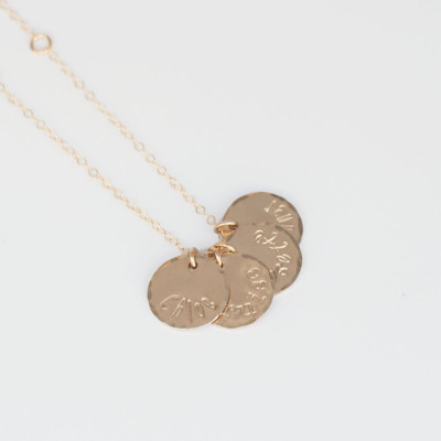 Gold Four Name Mommy Charm Necklace - Gold Plated Disc Mothers Jewelry