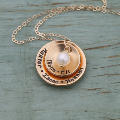 Gold Grandma Necklace Handstamped Gold Mom Necklace • Layered Disc Gold Custom Mom Jewelry Pearl Necklace • Stacked Name Jewelry