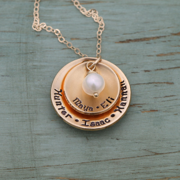 Gold Grandma Necklace Handstamped Gold Mom Necklace • Layered Disc Gold Custom Mom Jewelry Pearl Necklace • Stacked Name Jewelry