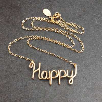 Gold Happy Necklace. 18k Gold Plated Script Wire Happy Necklace. Bring Happiness Necklace. Boho Chic Yoga Inspired Gold Handmade Necklace.