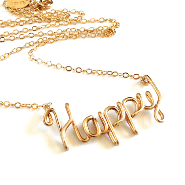 Gold Happy Necklace. 18k Gold Plated Script Wire Happy Necklace. Bring Happiness Necklace. Boho Chic Yoga Inspired Gold Handmade Necklace.