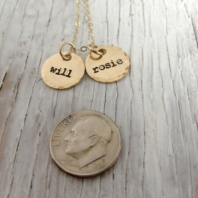 Gold Kid's Names Jewelry, Mother's Necklace, Grandmother Jewelry, Handstamped Jewelry, 2 kid's names