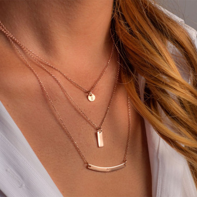 Gold Layered Necklace Set Sterling Silver gold Set of 3 Tiny Disc Personalized women Bar Necklace Custom hand stamped personalized gift