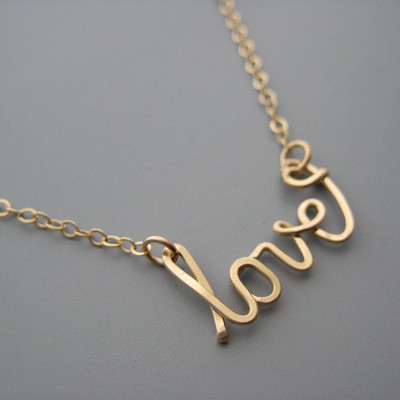 Gold Love Necklace with Small Heart - cursive word choker with delicate chain, graphic designer gifts