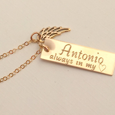 Gold Memorial Necklace Memorial Gift Engraved Name Necklace Rememberance Gold Angel Wing Charm Baby Angel Loss Necklace Christmas Gift