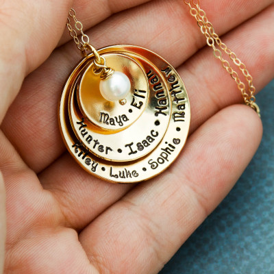 Gold Mom Necklace • Grandma Gold Name Necklace Layered Disc Handstamped Necklace Large Family Gift Grandchildren Big Family Christmas Gift