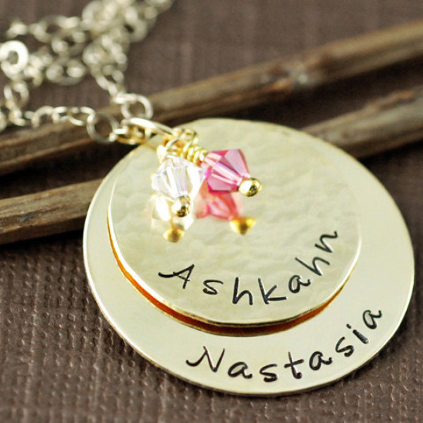 Gold Mom Personalized Necklace, Hand Stamped Gold Name Necklace, Gold Stamped Necklace, Personalized Gold Birthstone Necklace