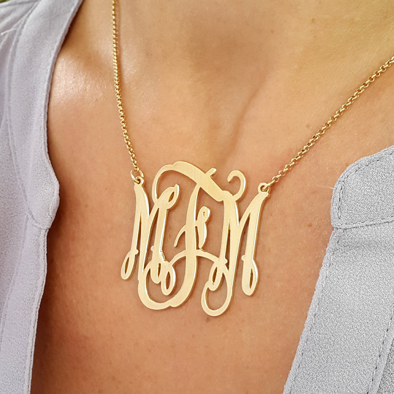 oNecklace ® Large Gold Monogram Necklace Gold Plated 1.5″ Monogrammed Pendant 