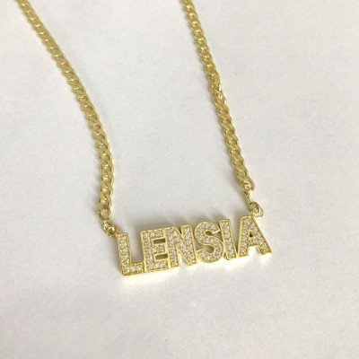 Gold Name Necklace - Block Font Name Necklace - Curb Chain Name Necklace - Personalized Necklace - Diamond Name - Kim Kardashian Style