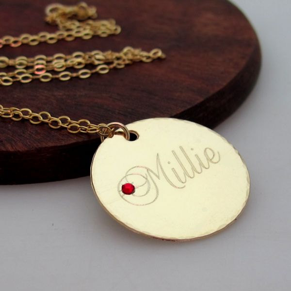 Gold Name Pendant - Personalized Name Necklace - Birthstone Pendant. Birthday Gift for Her. Birthday jewelry. Birthday Necklace Disc Pendant