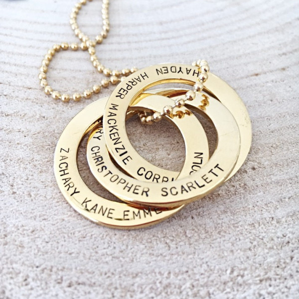 Gold Russian Rings, Hand Stamped Mother Necklace, Russian Rings Necklace, Interconnecting Rings Necklace, Personalized Jewelry For Mom