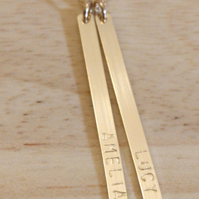Gold Vertical Bar Necklace Personalized - Long Layer - Custom Engraved 2 Kids Names Mom Necklace Initials - Minimalist Jewelry Push Present
