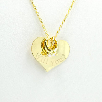 Gold heart with engagement ring necklace, Proposal ring necklace, Gold heart with ring necklace, Mini engagement ring Engagement necklace