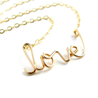 Gold love Necklace. 18k Gold Plated Cursive Script Love necklace