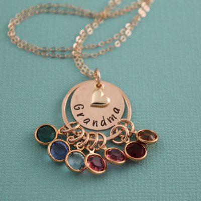 Grandmother Necklace with Birthstones Personalize with Grandchildren Hand Stamped Jewelry 18k Gold Plated