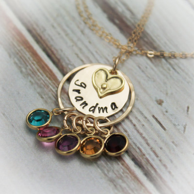 Grandmother Necklace with Birthstones Personalize with Grandchildren Hand Stamped Jewelry 18k Gold Plated