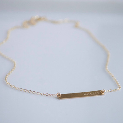 HUSTLE Necklace - Stamped Bar Jewelry - 18k Gold Plated, sterling silver, 18k Rose Gold Plated
